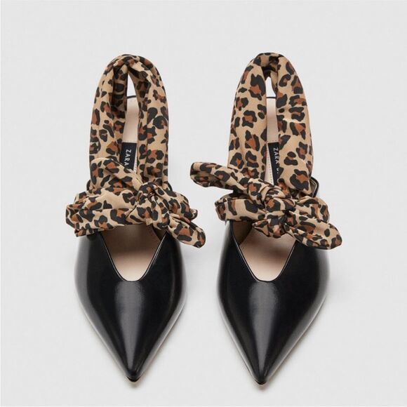 Zara Kitten Heel Pointy Slingback Leopard Scarf Black Leather Pumps Size 37 - Picture 2 of 11
